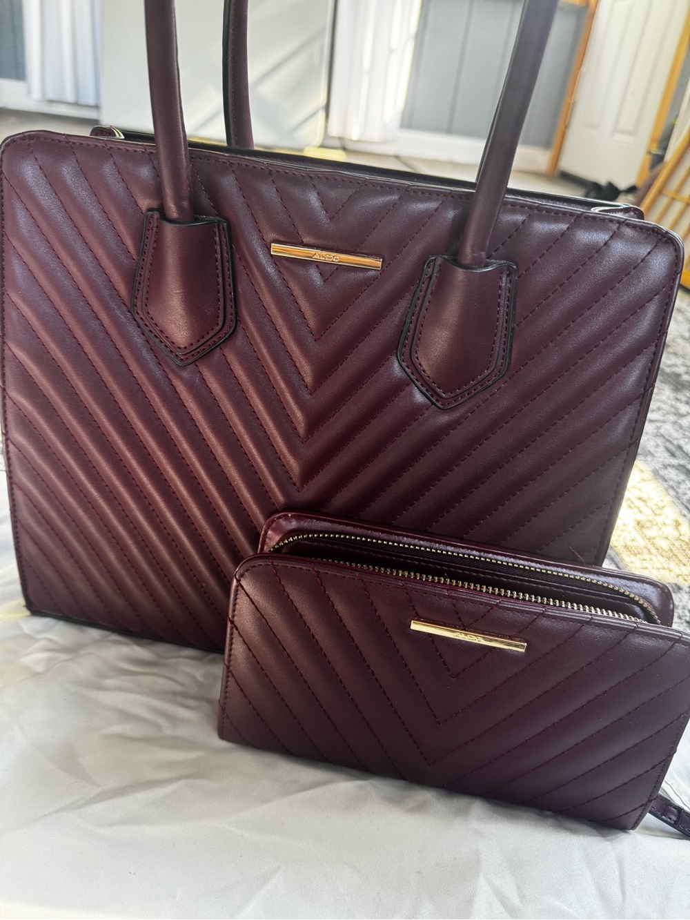 ALDO Quilted Burgundy Satchel & Wallet Set with Gold Hardware